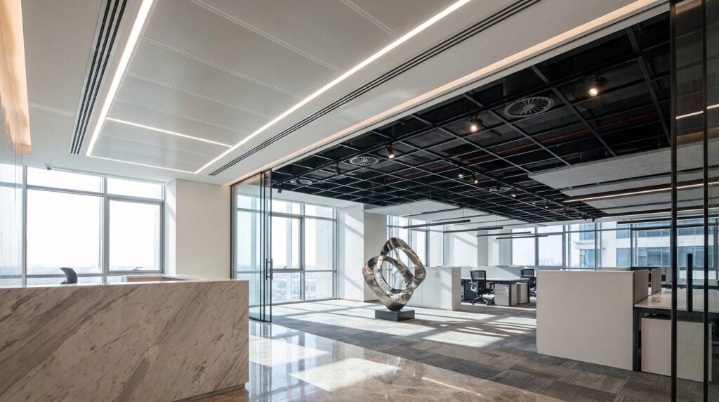difference between exposed and concealed T-grid ceiling in UAE