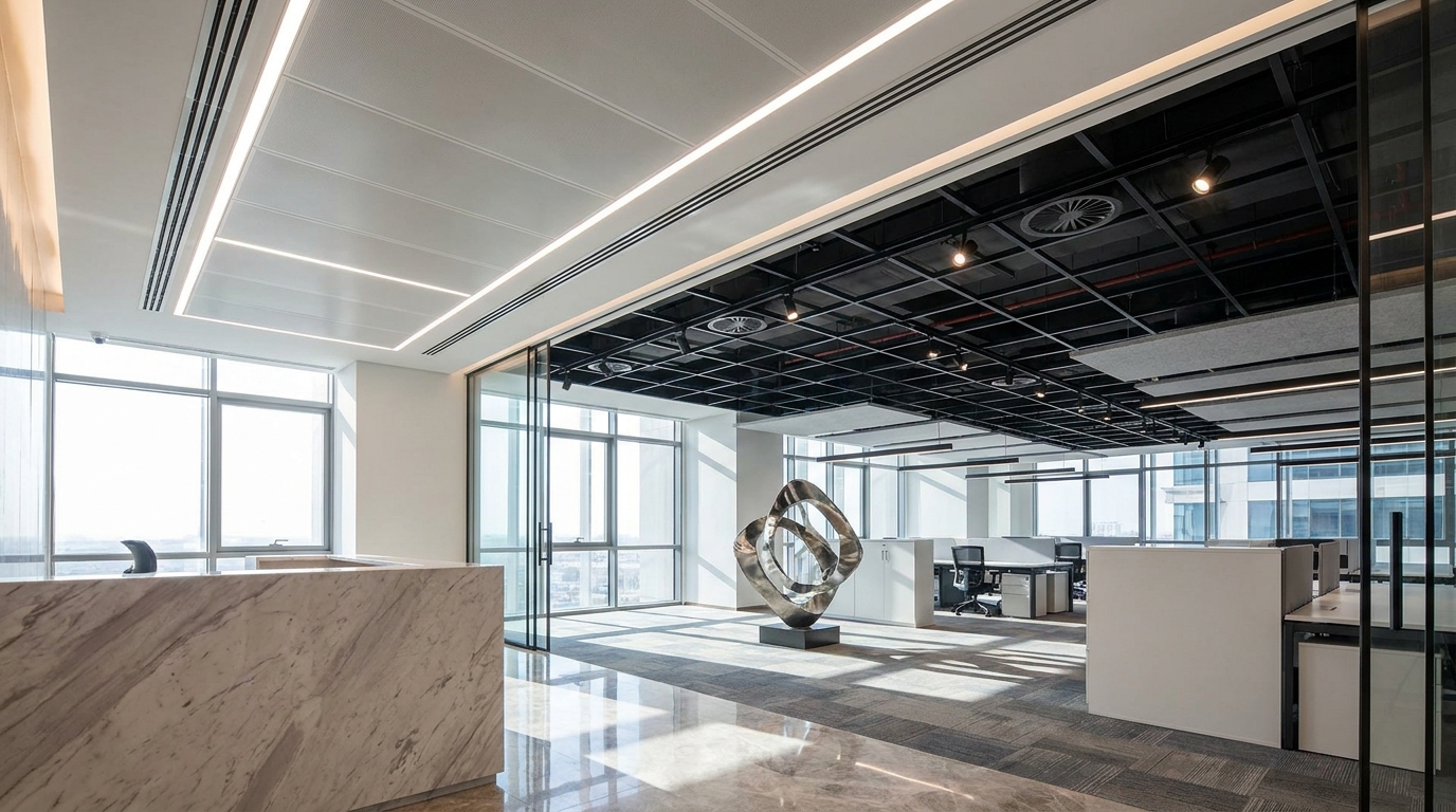 UAE_corporate_lobby_ceiling_design difference between exposed and concealed T-grid ceiling in UAE