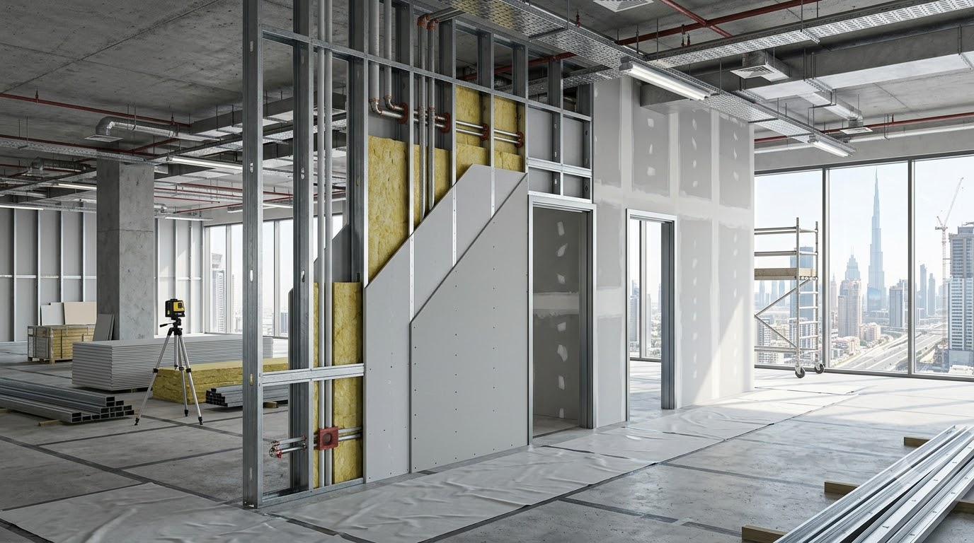 Installing_drywall_partition_wall UAE building code requirements for interior partition walls