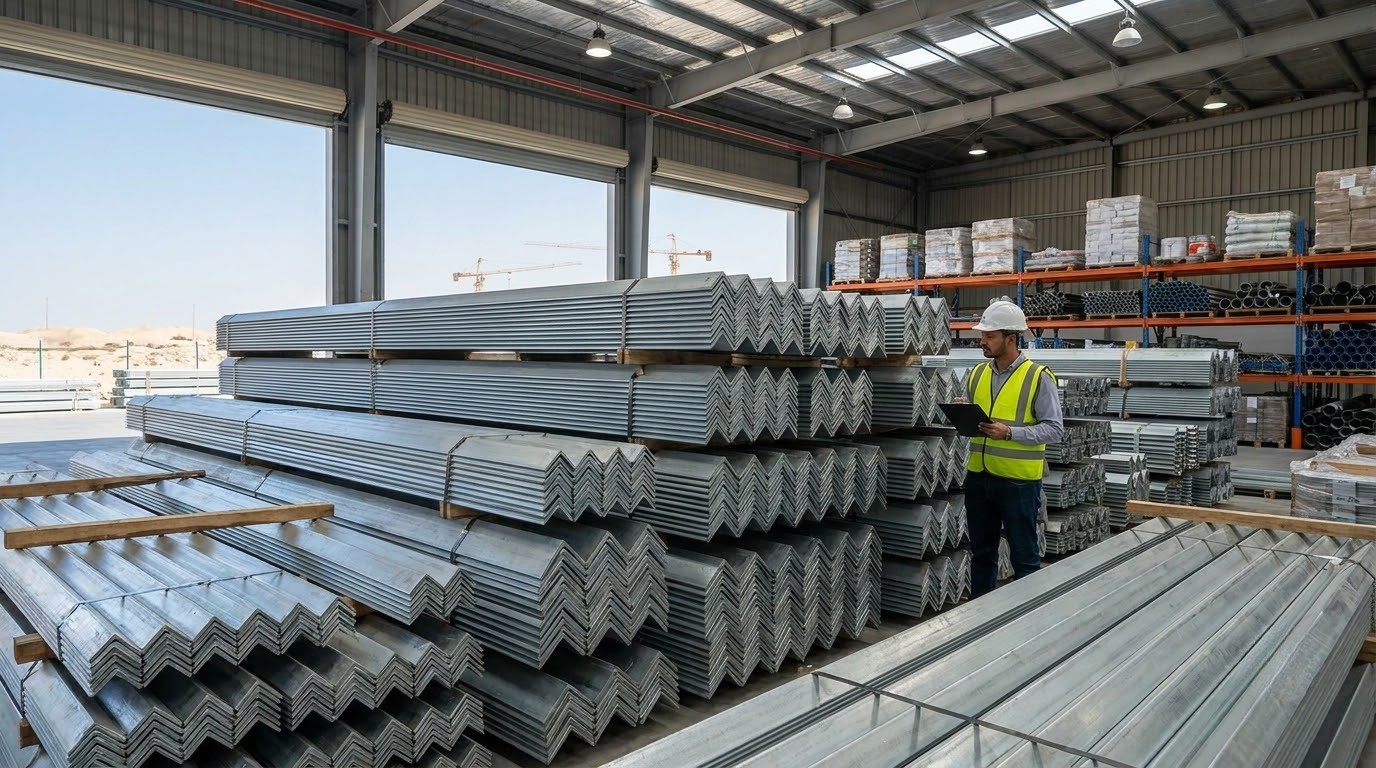 Contractor_inspecting_steel How to Choose a GI Angle Supplier for Commercial Projects in UAE